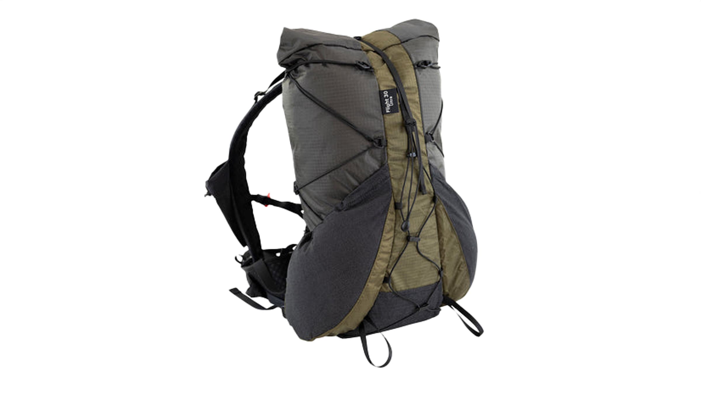 Six Moon Designs Flight 30 Ultra backpack in charcoal gray and olive green, featuring a vest-style harness system and front compression cordage for fastpacking.